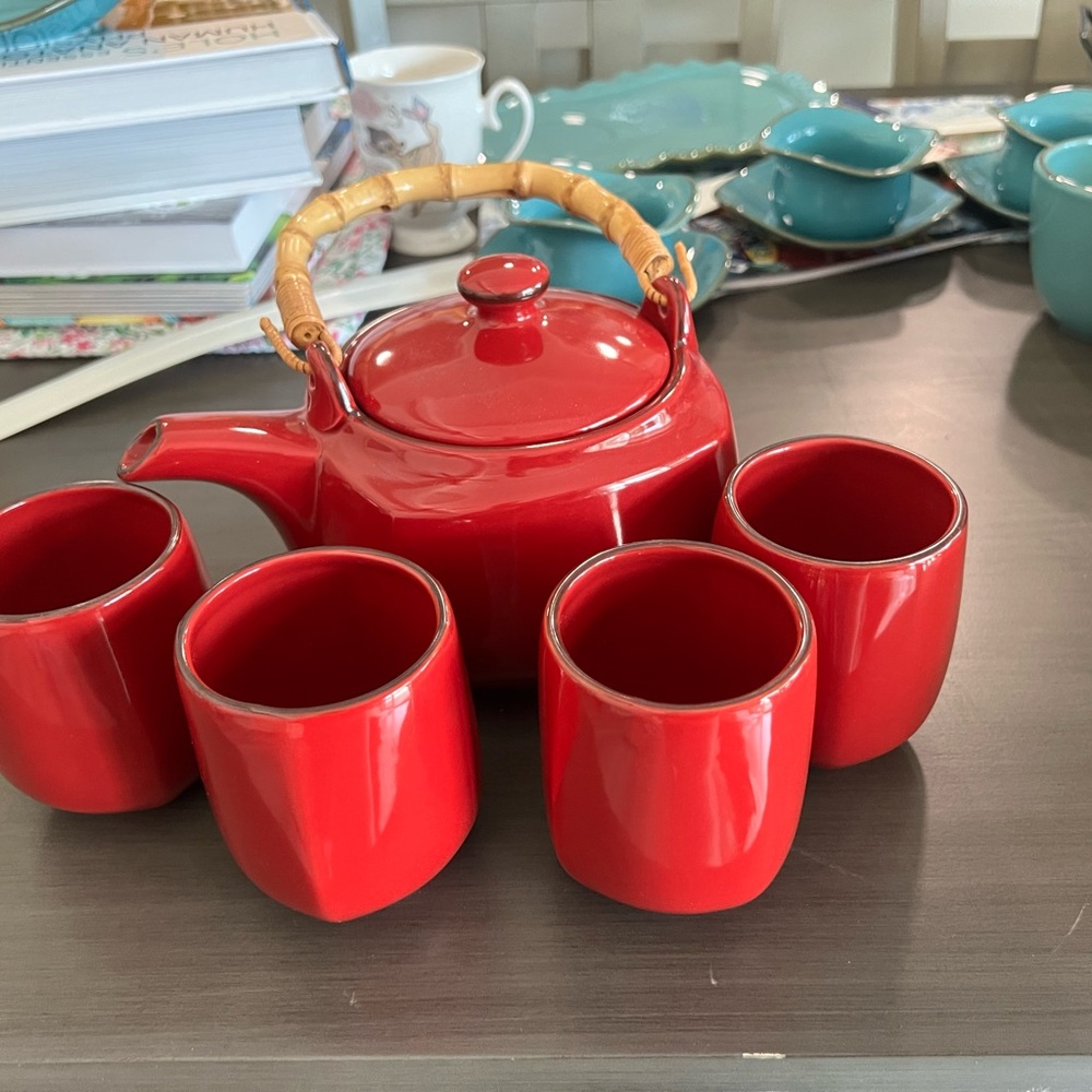 Southern Living At Home Vibrant Red Teapot Set with Bamboo Handle